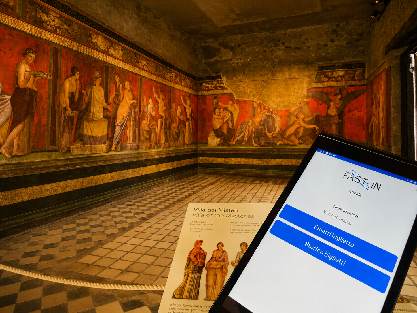 Smartphone con l'app FAST-IN per l'emissione di biglietti alla Villa dei Misteri di Pompei
