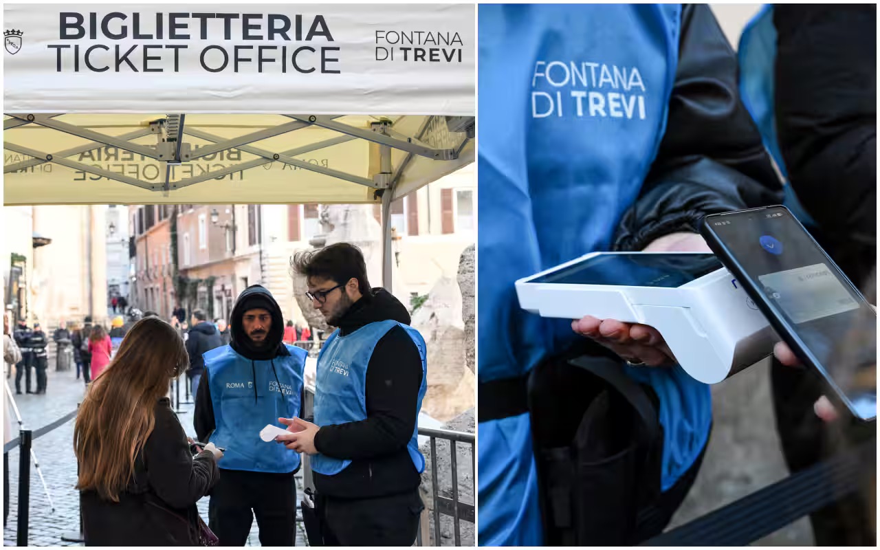 Operatori Fontana di Trevi con POS mobile FAST-IN per la vendita di biglietti di accesso